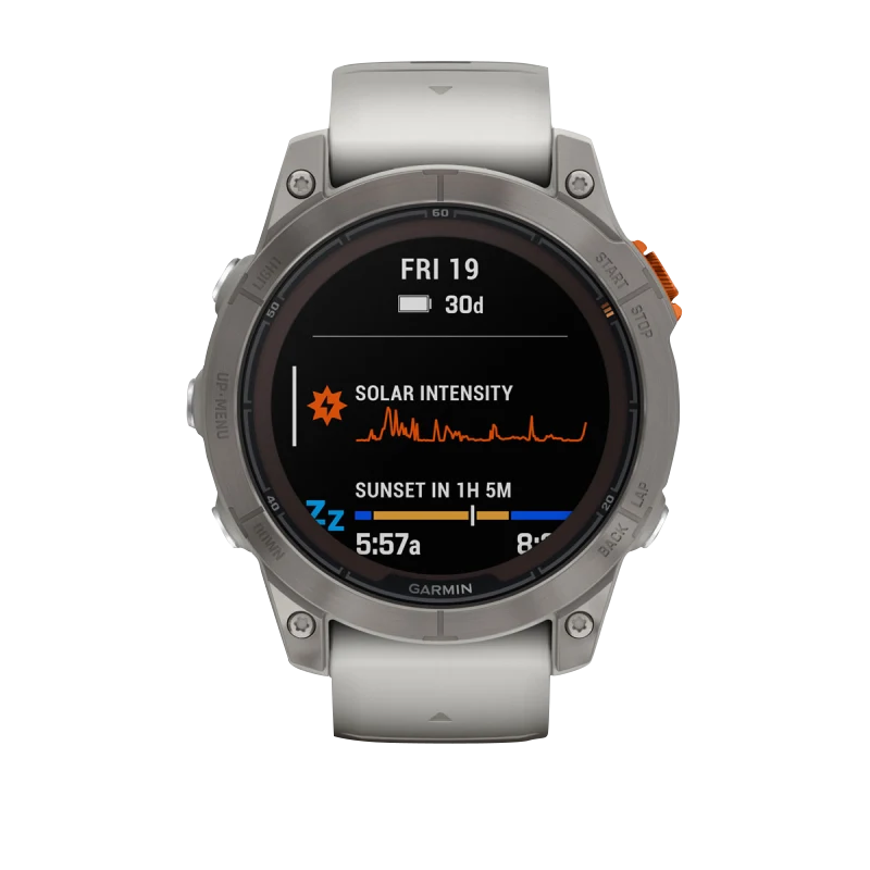 Garmin Fēnix 7 Pro Sapphire Solar smartwatch with titanium case and fog gray/ember orange band