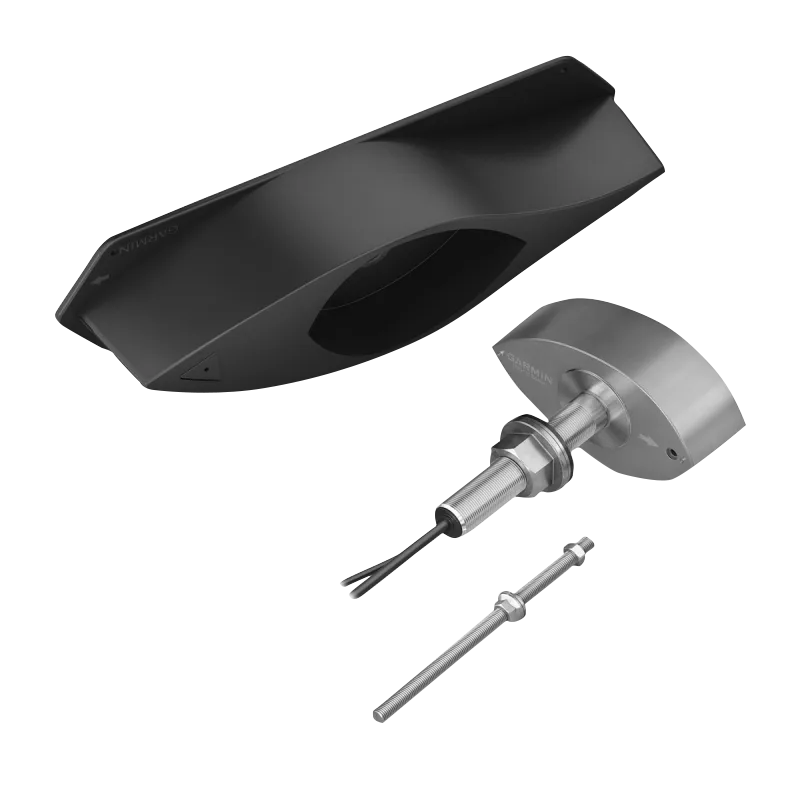 Garmin Panoptix PS70 with transducer and fairing block; black housing and silver transducer