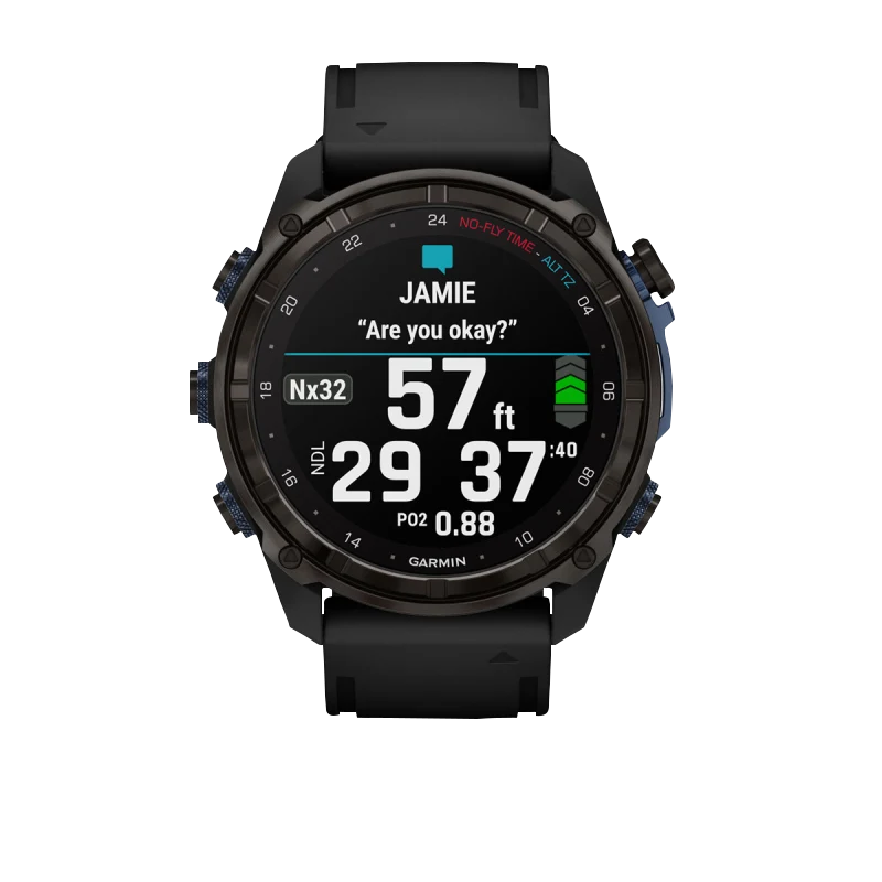 Garmin Descent Mk3i dive computer watch with 51 mm carbon gray DLC titanium case and black silicone band