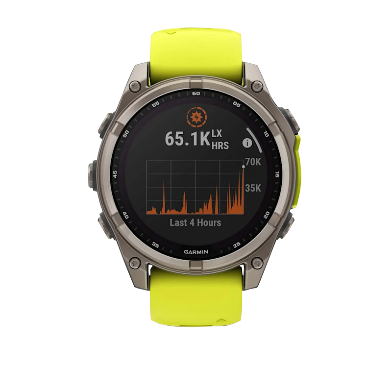 Garmin Fenix 8 smartwatch, 47 mm, Solar Sapphire Titanium case, Amp Yellow/Graphite silicone band.