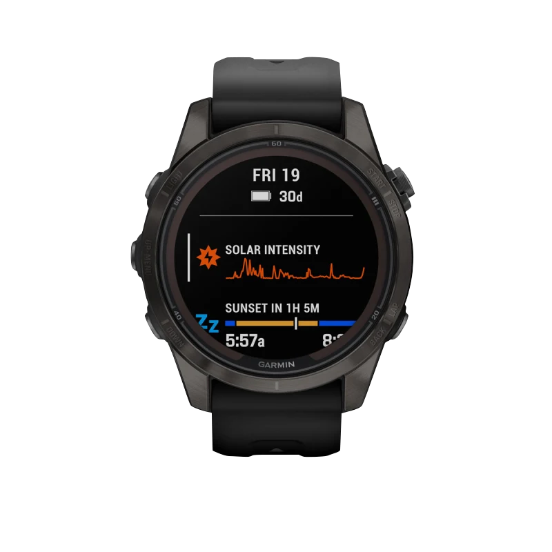 Garmin Fenix 7S Pro Sapphire Solar smartwatch, carbon titanium case with black band.