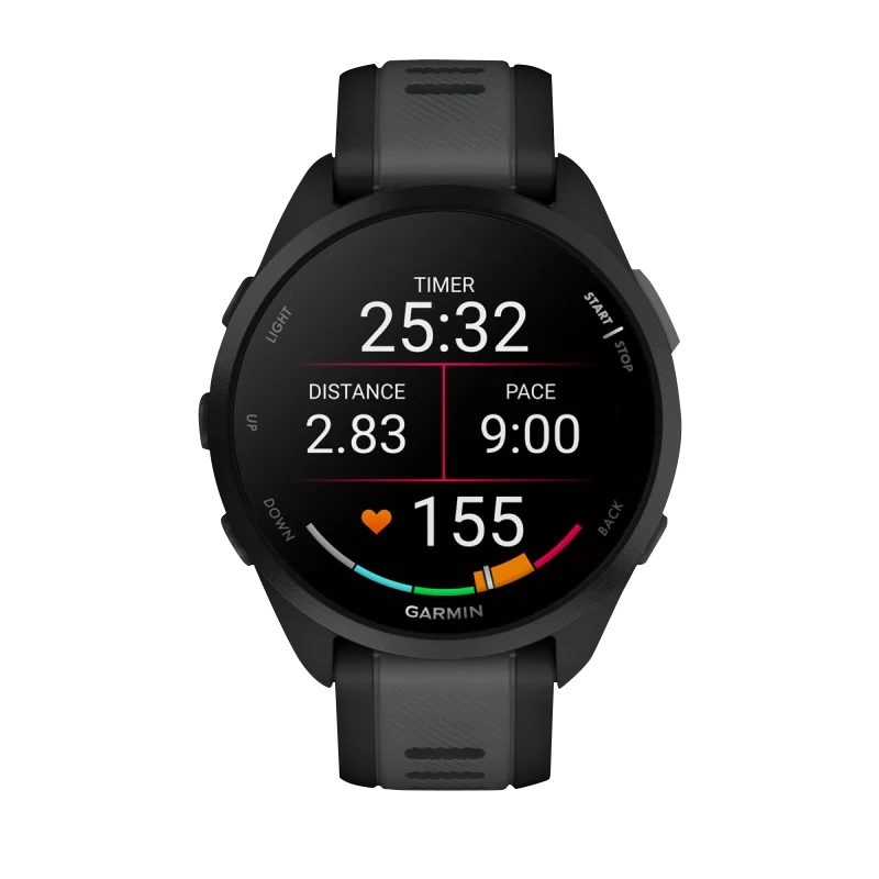 Garmin Forerunner 165 smartwatch in black and slate gray with round face and silicone strap