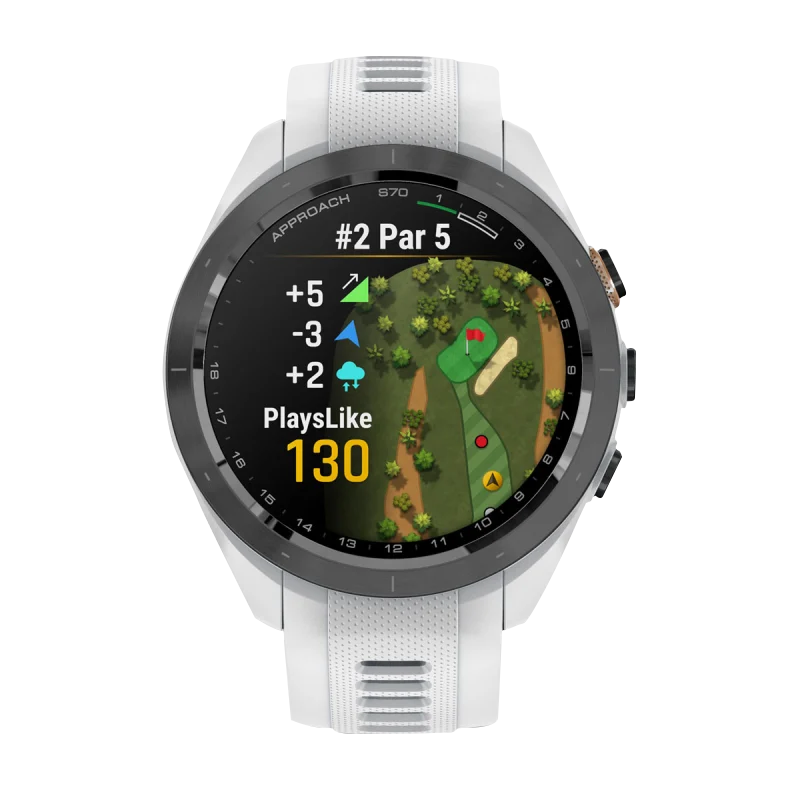 Garmin Approach S70 smartwatch, 42 mm black/peach ceramic bezel with white silicone band, golf score display
