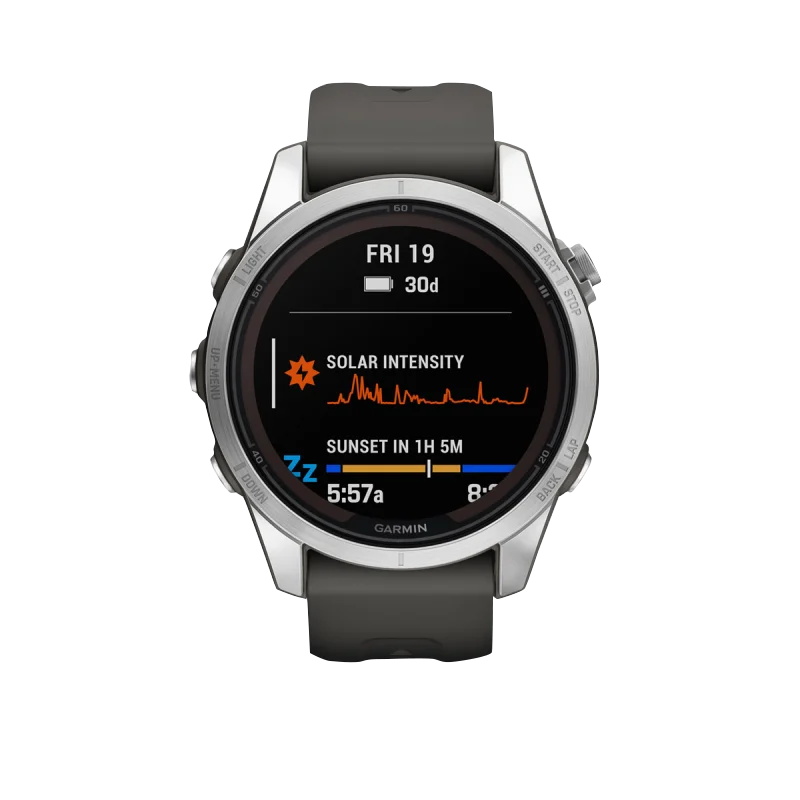 Garmin Fenix 7S Pro Solar smartwatch with silver case and graphite band, round display (010-02776-00)