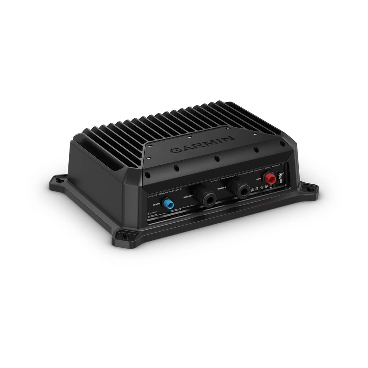 Garmin GSD 28 sonar module; black marine fish finder accessory with blue and red connectors.