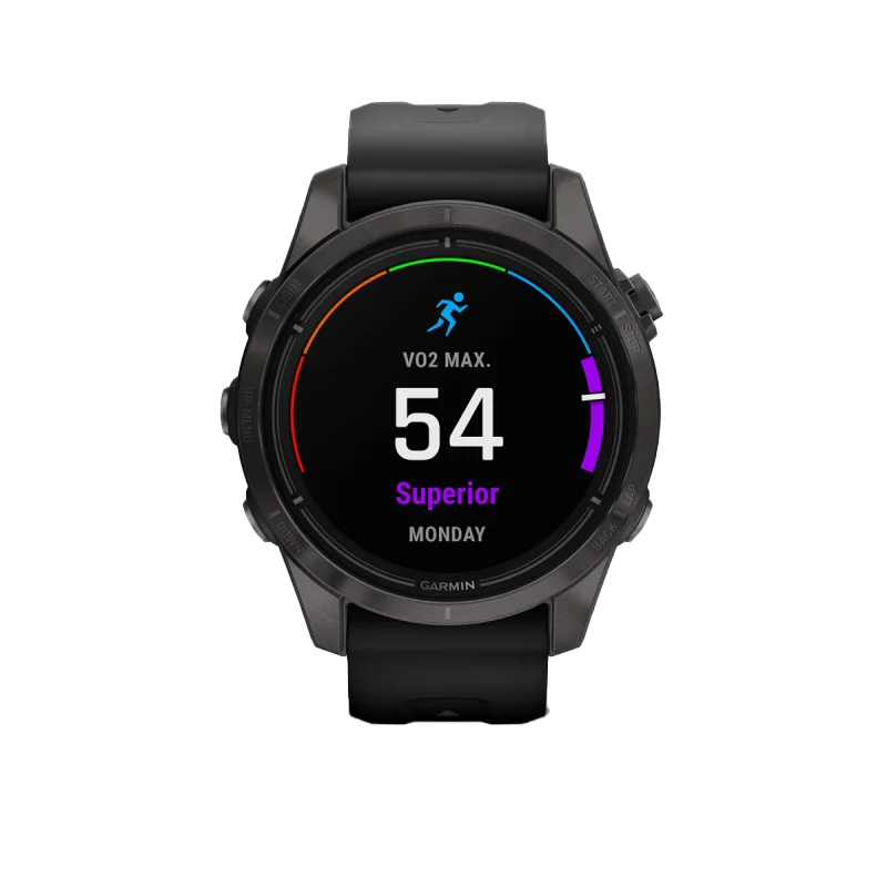 Garmin Epix Pro Gen 2 42mm Sapphire Edition smartwatch with carbon-gray DLC titanium case and black band