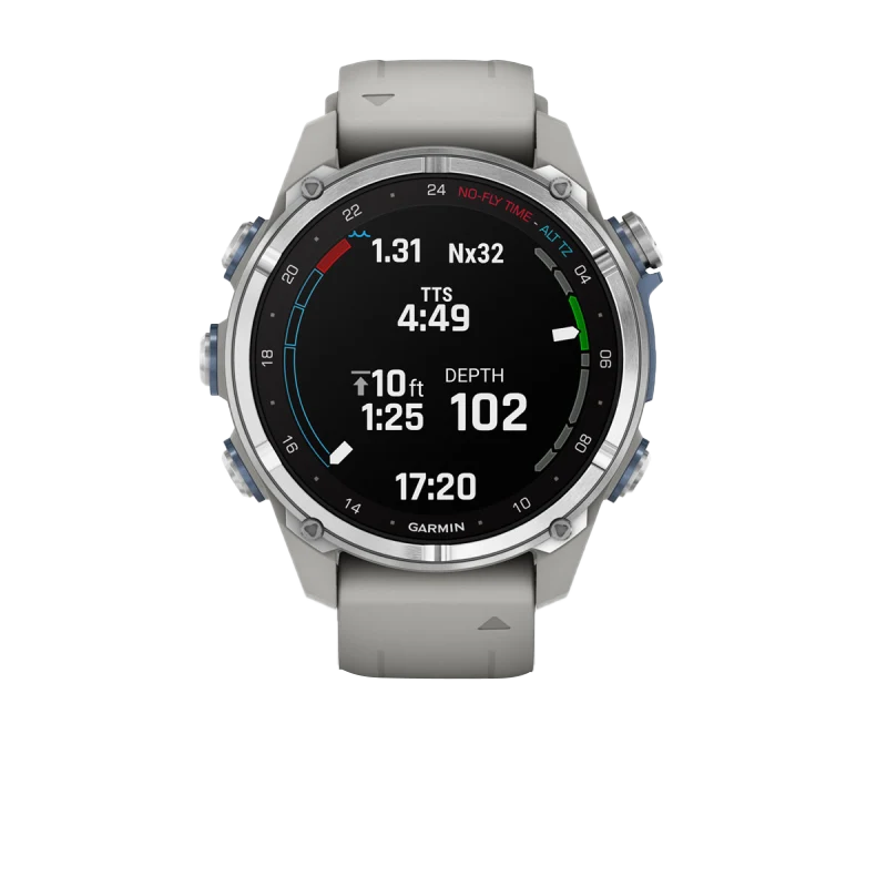 Garmin Descent Mk3 dive computer watch, 43 mm stainless steel case with fog gray silicone band