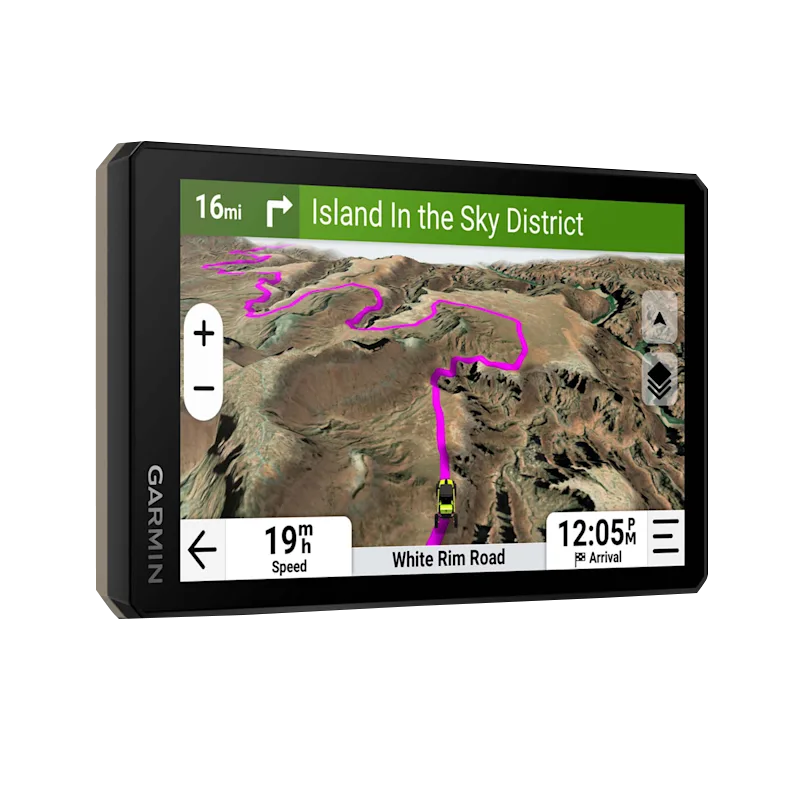 Garmin Tread 2 Powersport Navigator, 6-inch GPS, black handheld with map and pink routing on White Rim Road