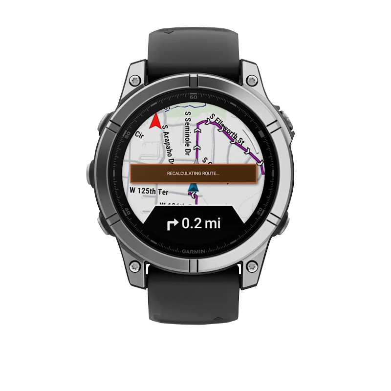 Garmin Fenix E smartwatch, 47 mm stainless steel bezel with black silicone band, map navigation display