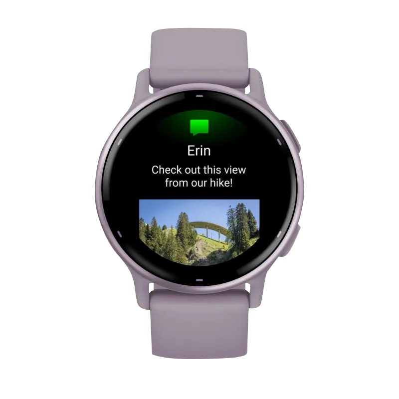 Garmin Vivoactive 5 smartwatch with metallic orchid aluminum bezel and orchid silicone band; display shows hike photo.