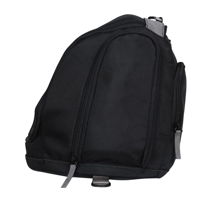 Black backpack-style carrying case with dual zippers and compartments