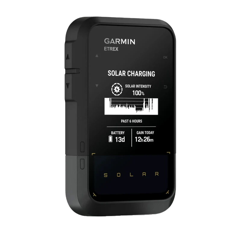 Garmin eTrex Solar-Powered GPS handheld navigator in black with solar charging display