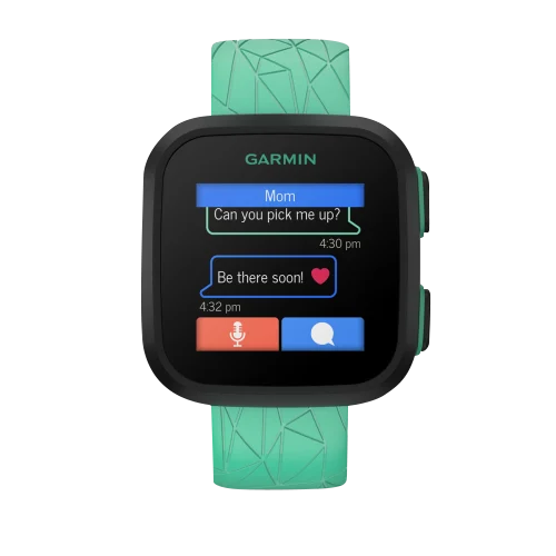 Garmin Bounce Green Burst smartwatch with black square face and green geometric strap