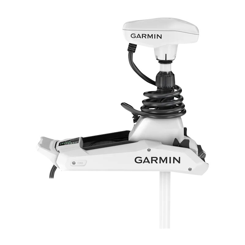 Garmin Force Kraken trolling motor, white 48-inch shaft mounted on boat