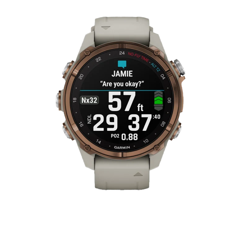 Garmin Descent Mk3i 43 mm bronze PVD titanium dive computer with French Gray silicone band and Descent T2 transceiver.