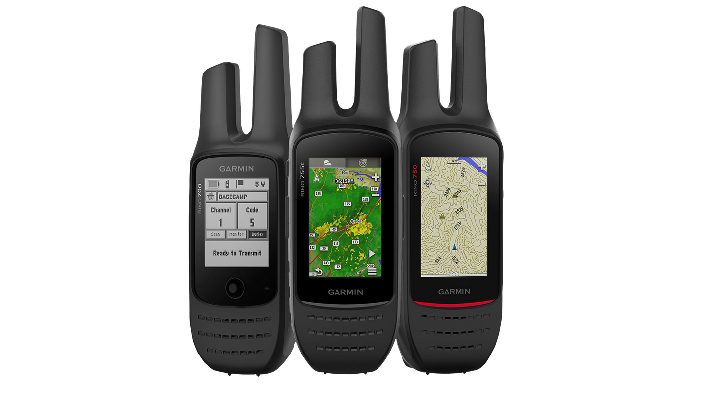 Garmin Rino 700 GPS handhelds, three black units with mapping screens