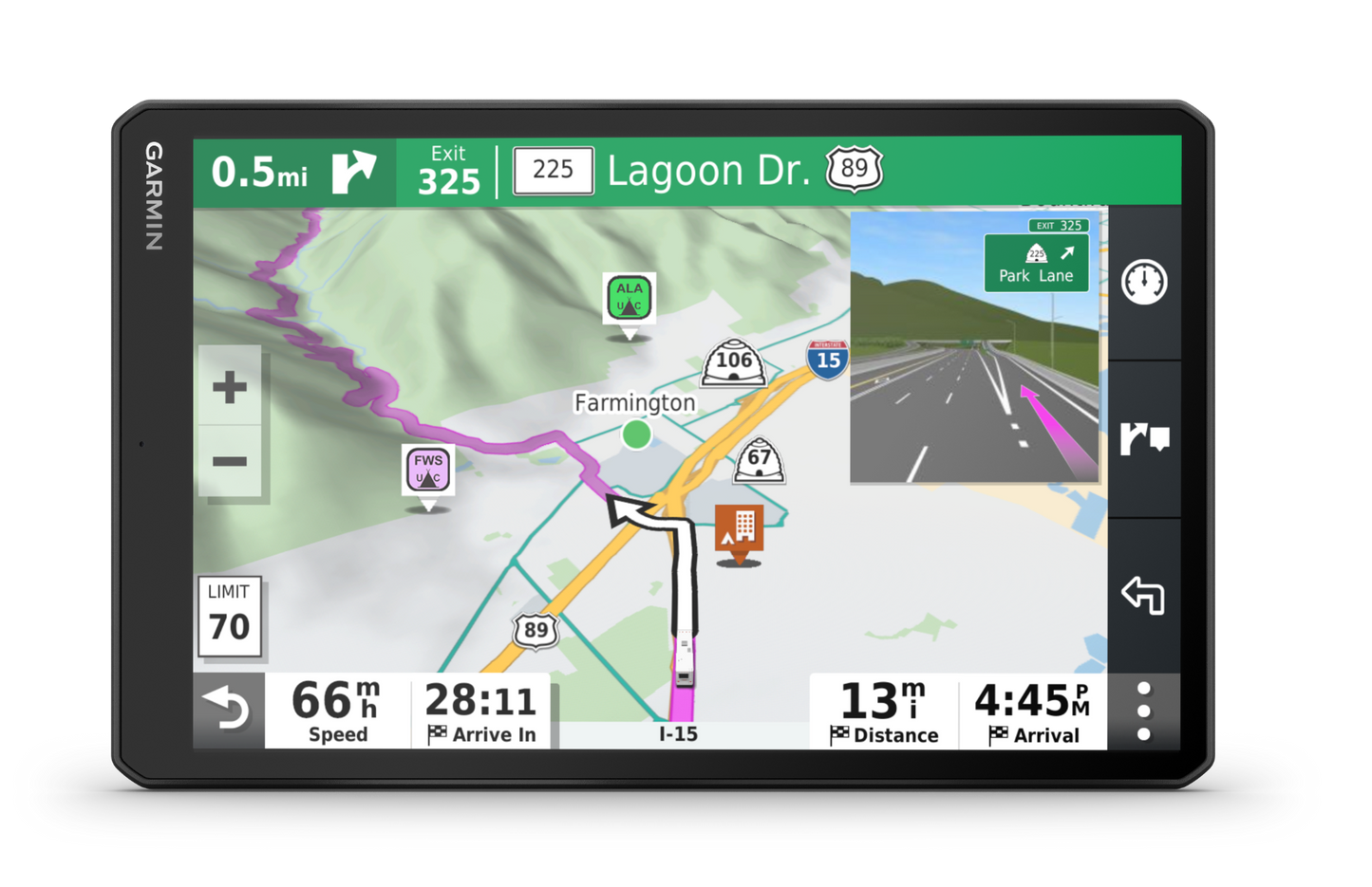 Garmin RV 1090 GPS navigation system, black device with map display and green guidance banner