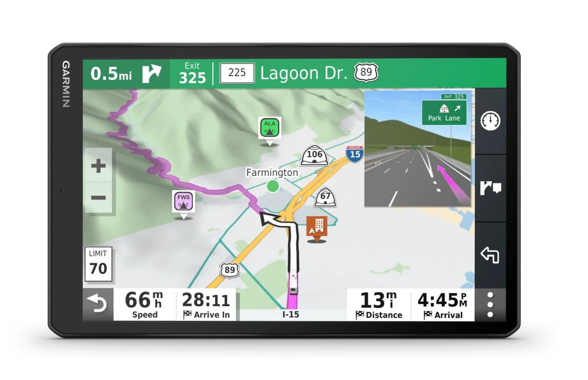 Garmin RV 1090 10-inch refurbished RV GPS navigation device, black with Garmin logo, displaying map route.