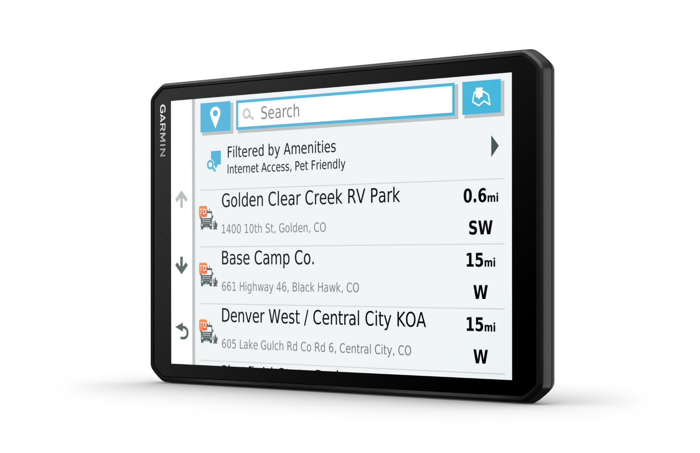 Garmin RV 890 GPS navigation system in a black frame with screen showing RV park listings and amenities.