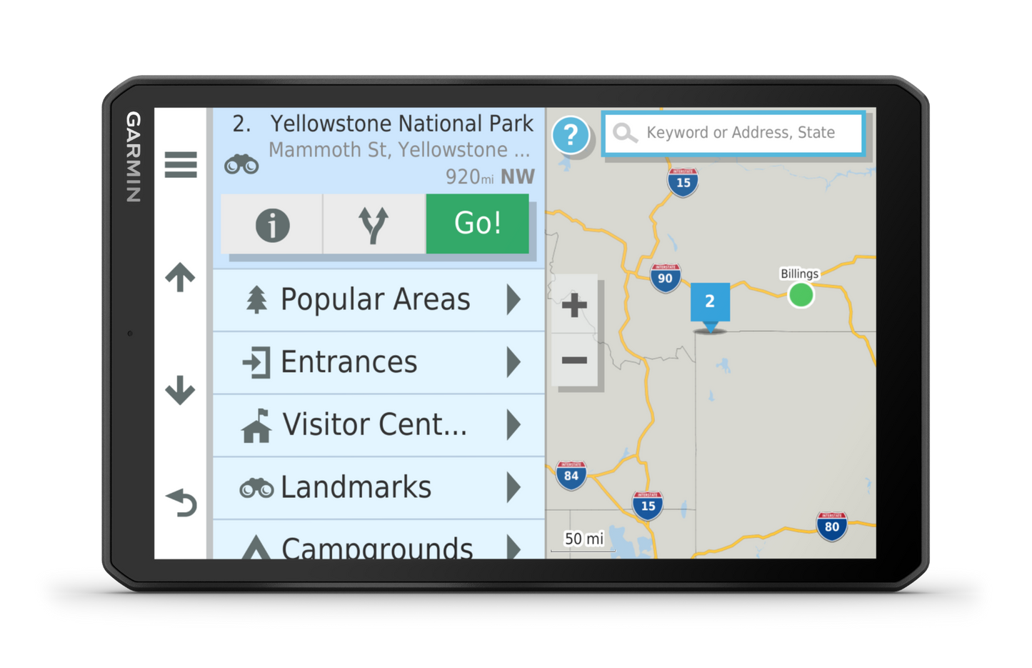 Garmin RV 890 GPS navigation system with map display on a black bezel
