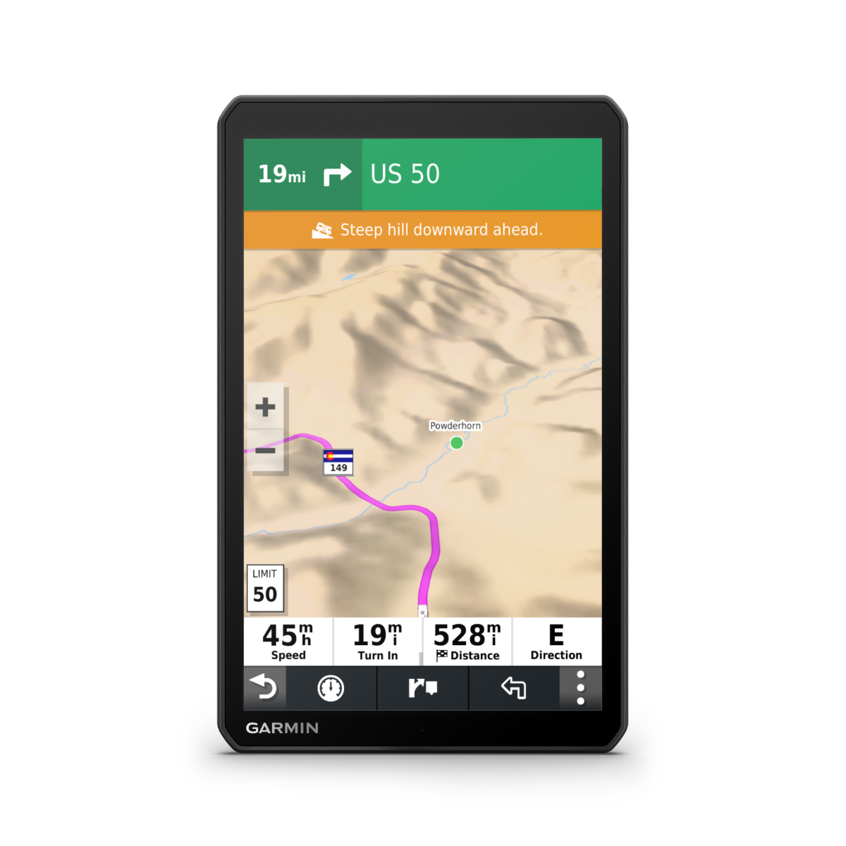 Garmin RV 890 GPS navigation device in black displaying a map with US 50 route