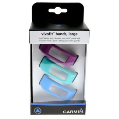 Garmin large 3-pack Vivofit watch bands in purple, teal, and blue