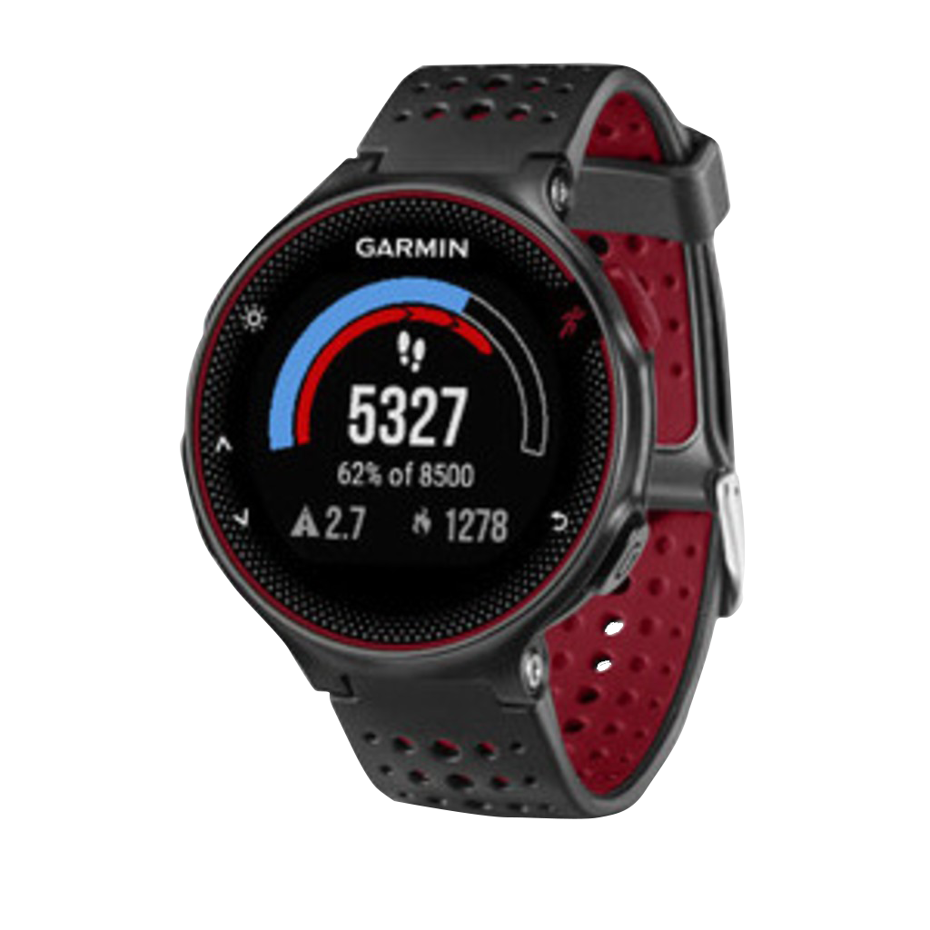 Garmin Forerunner 235 Marsala GPS fitness smartwatch with black body and red perforated band