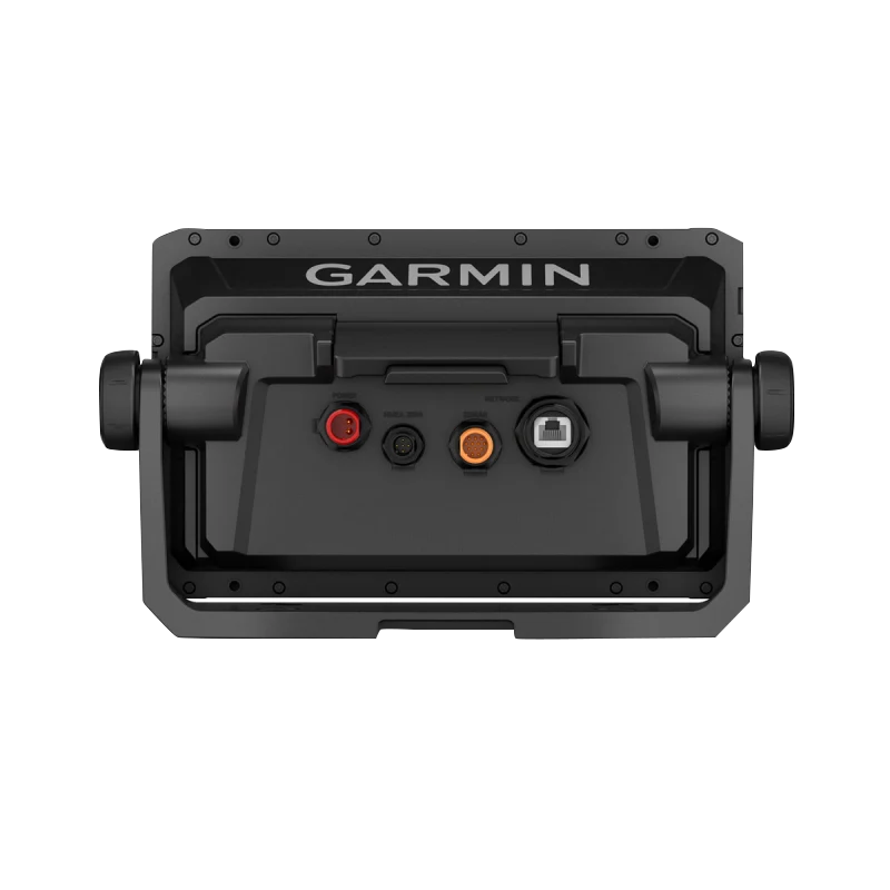 Garmin EchoMAP UHD2 9-inch sv chartplotter back panel with red, orange, and black connector ports