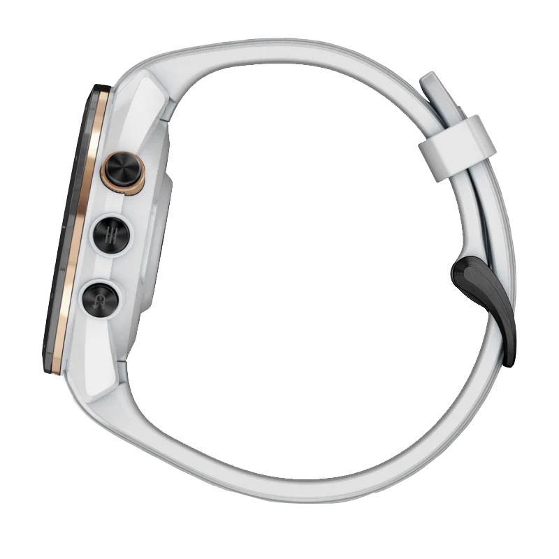 Garmin Approach S70 smartwatch, 42 mm with black/peach ceramic bezel and white silicone band