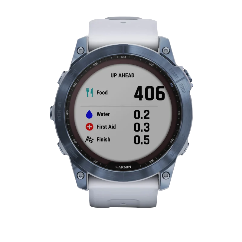 Garmin Fenix 7X Sapphire Solar smartwatch with Mineral Blue titanium bezel and Whitestone white band (refurbished)