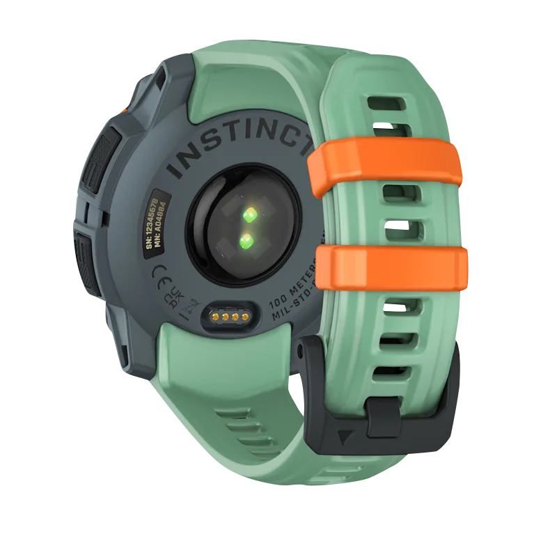Garmin Instinct 3 AMOLED smartwatch, 45mm Neo Tropic with Neo Tropic Band; green strap with orange loops