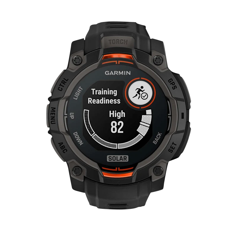 Garmin Instinct 3 Solar smartwatch, 45mm black case with black band and orange accents