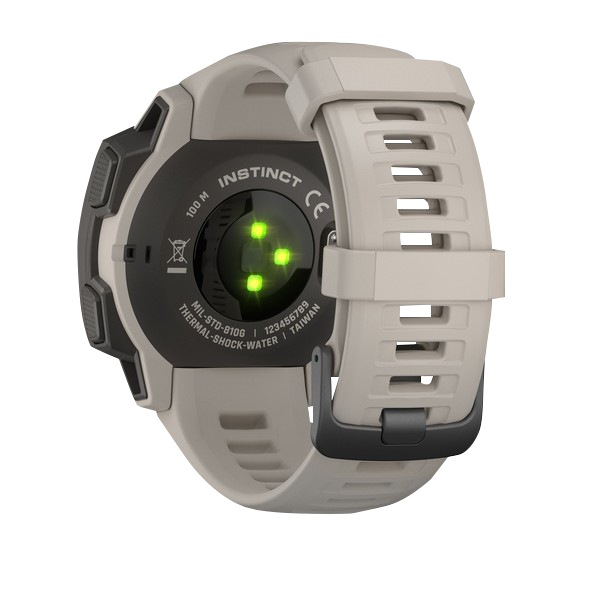 Garmin Instinct Tundra GPS watch back view with beige strap and green LEDs