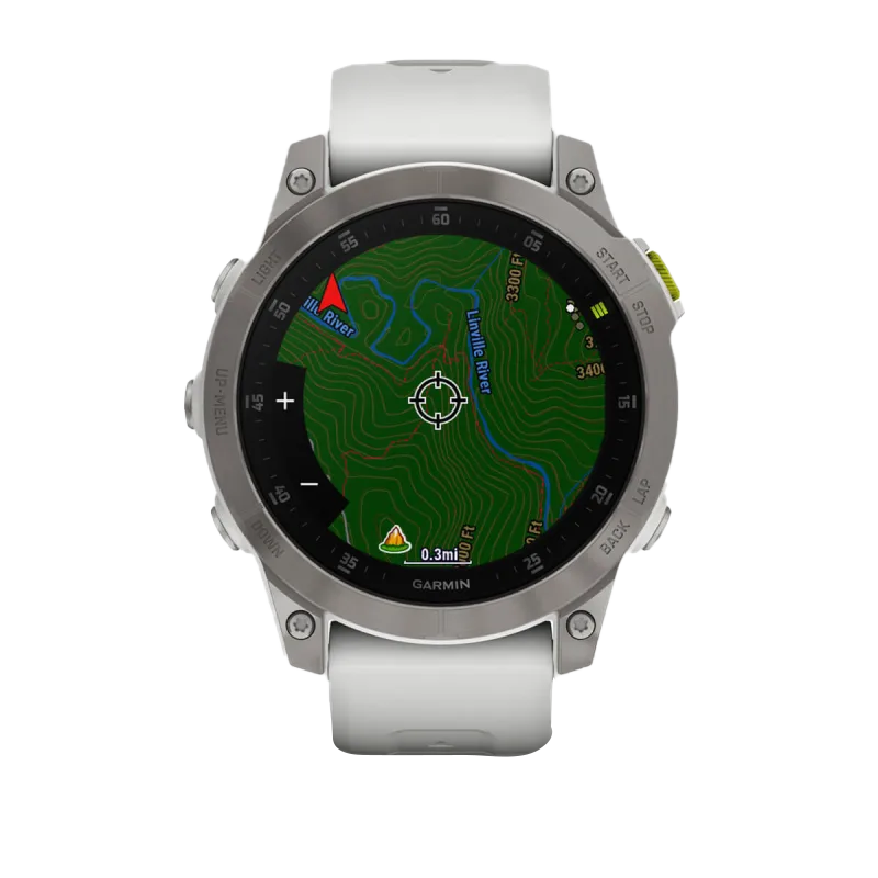 Garmin Epix Gen 2 Sapphire 47mm smartwatch with silver bezel and white strap