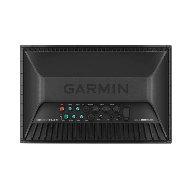 Garmin GPSMAP 9027 Premium marine chartplotter back panel with multiple connectors and ports, black finish.