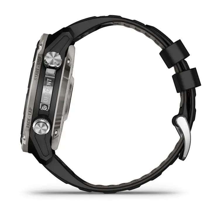 Garmin Descent Mk3i 51 mm smartwatch with silver and black PVD titanium case and black/pebble gray silicone band