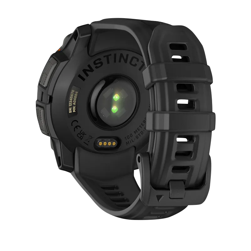 Garmin Instinct 3 Solar smartwatch rear view, 45mm, black case with black band