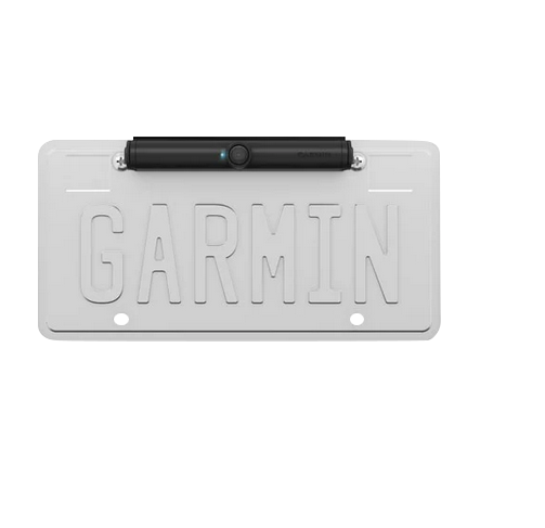 Garmin BC 40 wireless backup camera with black housing mounted on a white license plate