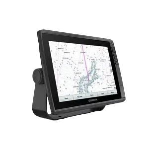 Garmin ECHOMAP Ultra 122sv marine chartplotter with black bezel on a tilt mount displaying a nautical map