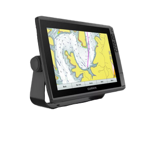 Garmin ECHOMAP Ultra 126sv marine chartplotter on a black stand with colorful map display