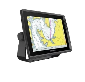 Garmin ECHOMAP Ultra 126sv marine chartplotter on a black stand with colorful map display