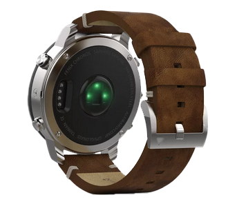 Garmin Fenix Chronos GPS smartwatch with brown leather band and stainless steel case, certified refurbished