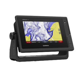 Garmin GPSMAP 742xs marine chartplotter with black touchscreen display on mounting stand