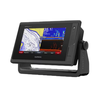 Garmin GPSMAP 742xs marine chartplotter with black color touchscreen on a mounting stand