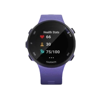 Garmin Forerunner 45S Iris smartwatch with purple strap and black bezel