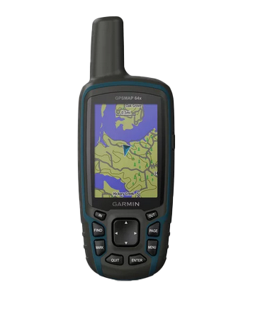 GPSMAP 64x handheld GPS navigation device by Garmin, black with blue accents showing map on screen.