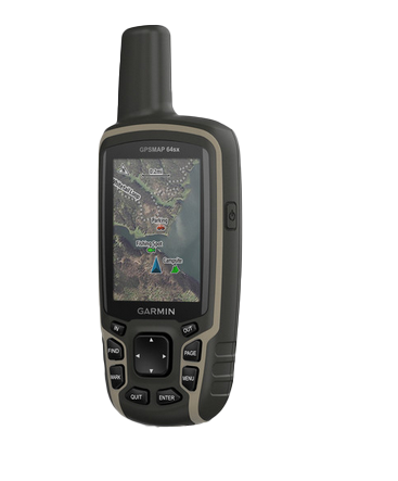Garmin GPSMAP 64sx handheld GPS device with map display, black/tan body and external antenna.