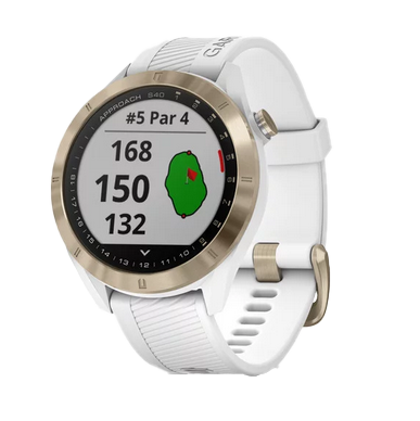 Garmin Approach S40 golf GPS smartwatch with gold bezel and white band