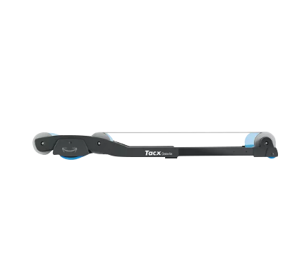 Garmin Galaxia T1100 bicycle trainer with black frame and blue end caps featuring Tacx branding