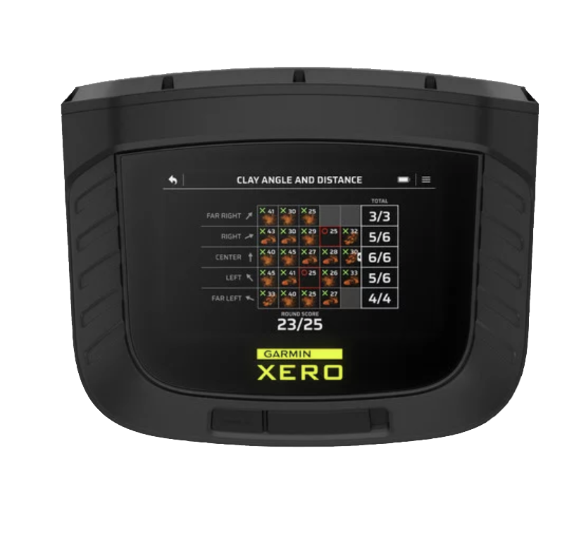 Garmin Xero S1 Trapshooting Trainer device, black handheld unit with display and Garmin Xero branding